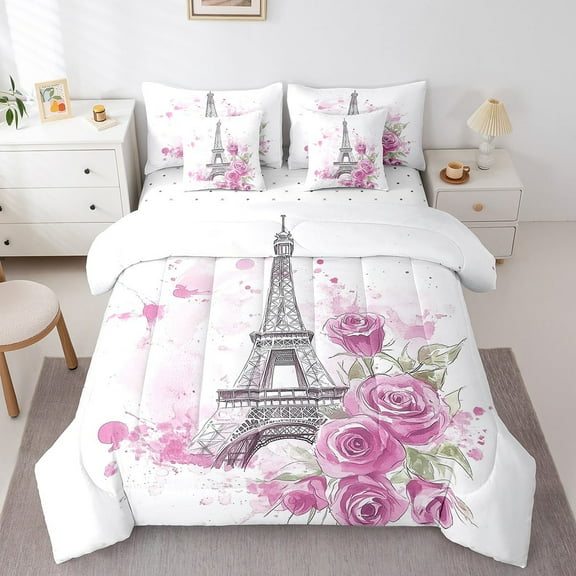 Eiffel Tower Sheet Set Pink Rose Flowers Queen Bedding Set Teens,Paris Roses Comforter Set 7-Piece White Pink Ink Elegant Bed Set For Room Decor