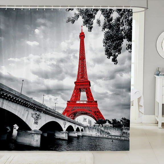 Eiffel Tower Shower Curtain Chic Paris Theme Bathroom Shower Curtain for Stalls Bathtubs Bright Red Paris Cityscape Bath Curtain Modern French Style Waterproof Curtain Room Decor 72Wx84L