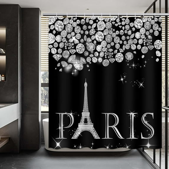 Eiffel Tower Shower Curtain Diamond Shower Curtain Bokeh Black Silver Shiny Diamonds Jewelry Falling Modern Paris Shower Curtain Set Bathroom Decor with 12 Hooks 72x72 Inches