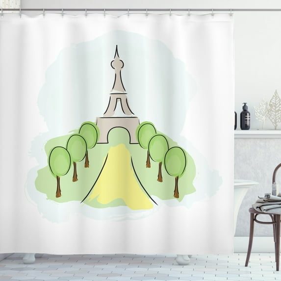 Eiffel Tower Shower Curtain, Hand Drawn Print of Famous Tower and Trees, Fabric Bathroom Set with Hooks, 69W X 70L Inches, Pale Green Pastel Yellow Grey Yellow and Umber, by Ambesonne