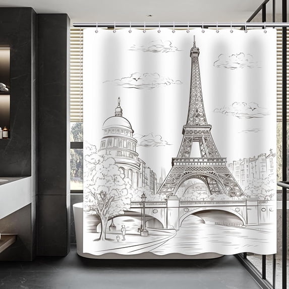 Eiffel Tower Shower Curtain, Paris Shower Curtain, France City Street Landscape Hand-Painted View Scenery Eiffel Tower Bathroom Modern Decor Set with 12 Hooks 72x72 inches