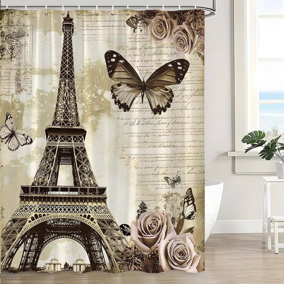 Eiffel Tower Shower Curtain Retro Rose Floral Butterfly Romantic Paris City France European Architectural Landmark Vintage Flower Modern Art Bath Curtain with Hooks-60"W x 72"L (Pack of 1)