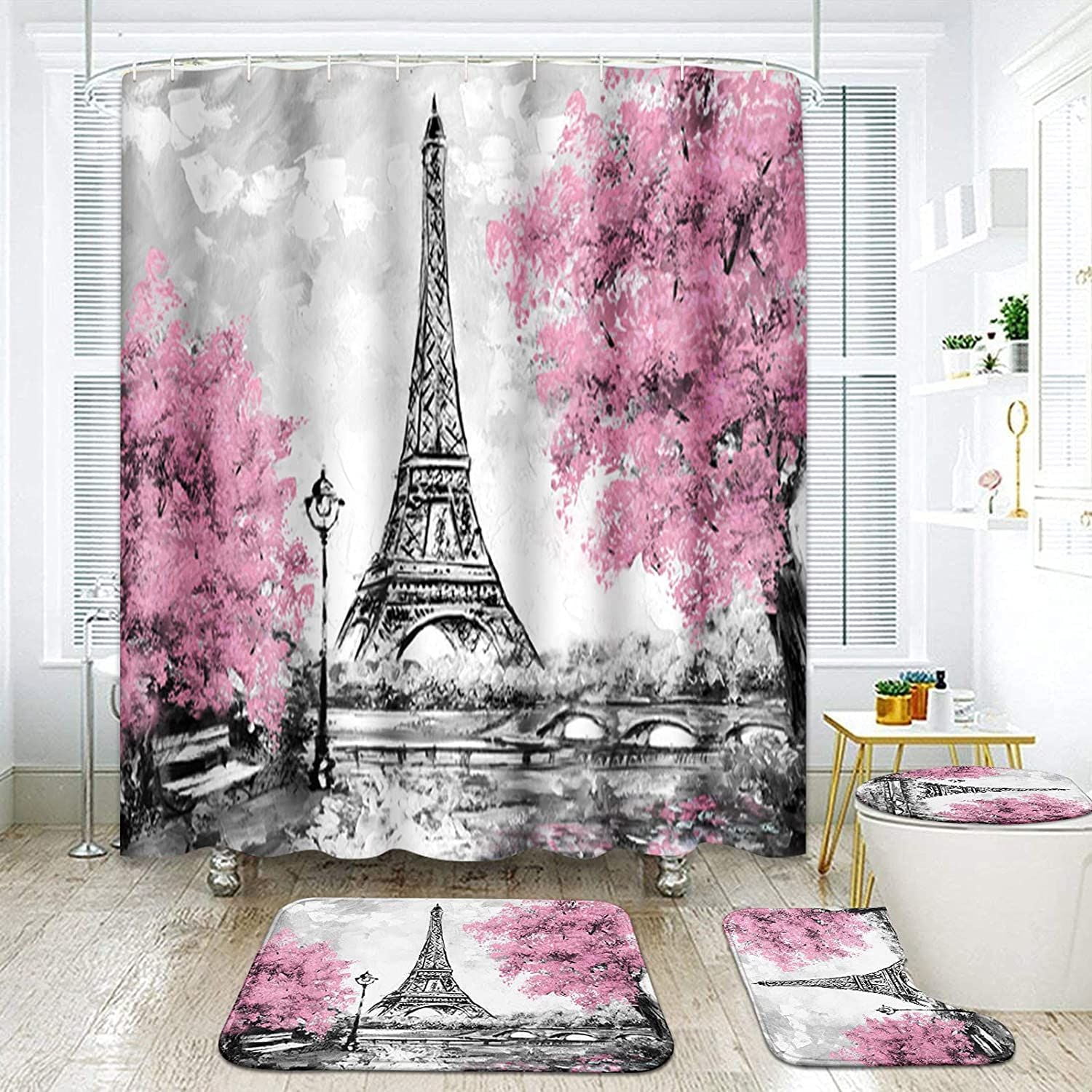 Eiffel Tower Shower Curtain Sets Bathroom Decor with Non-Slip Rugs Bath ...