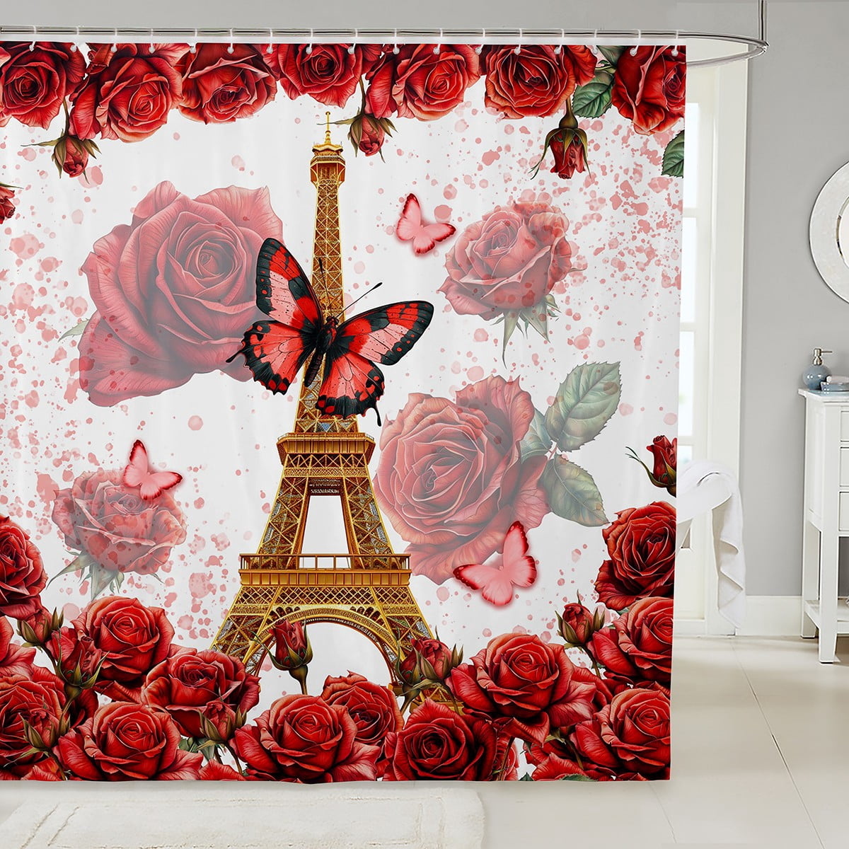 Eiffel Tower Shower Curtain - Vintage Paris Red Rose Stamp Design, Polyester Fabric With Hooks - Romantic Bathroom Decor 2 thumbnail image