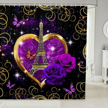Eiffel Tower Shower Curtain Set Purple Rose Bath Curtain 72"Wx72"L,Romantic France City Building of Paris Bathroom Accessories