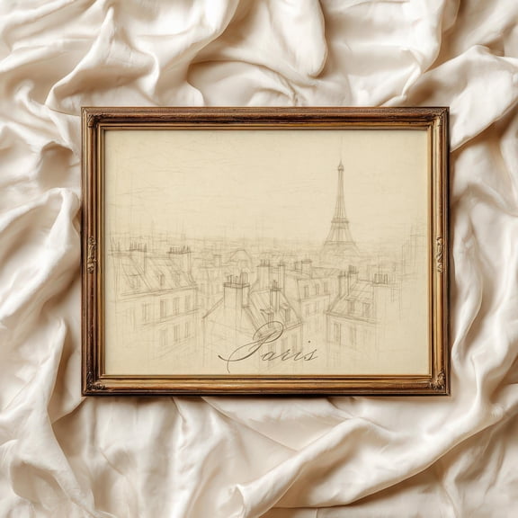 Eiffel Tower Sketch Print: Vintage Paris Rooftops, French Cityscape UNFRAMED Poster, Wall Art for Decor, Present, 8x12