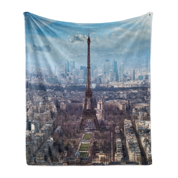 Eiffel Tower Soft Flannel Fleece Blanket, Aerial View of Eiffel Tower Clear Day Boulevard Busy Town Park Skyscrape, Cozy Plush for Indoor and Outdoor Use, 60" x 80", Pale Blue Brown, by Ambesonne