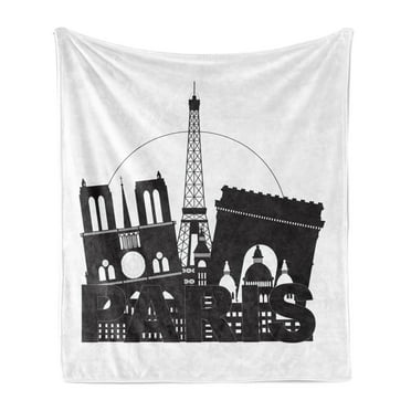 Eiffel Tower Soft Flannel Fleece Blanket, Bold Monochrome Paris Lettering and Famous Architecture Silhouettes, Cozy Plush for Indoor and Outdoor Use, 60" x 80", Charcoal Grey White, by Ambesonne