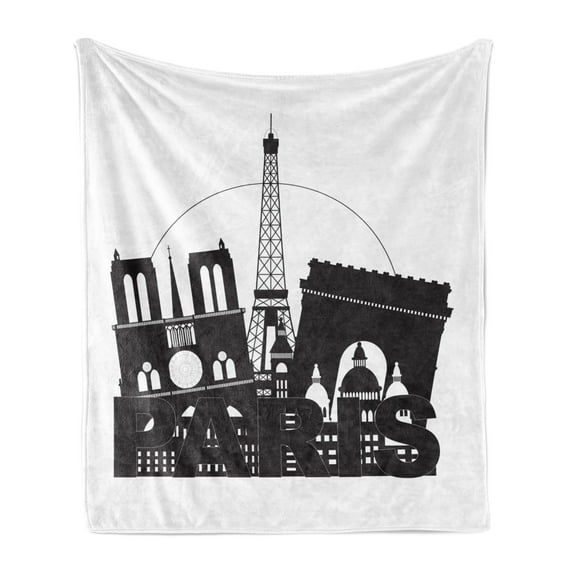 Eiffel Tower Soft Flannel Fleece Blanket, Bold Monochrome Paris Lettering and Famous Architecture Silhouettes, Cozy Plush for Indoor and Outdoor Use, 70" x 90", Charcoal Grey White, by Ambesonne