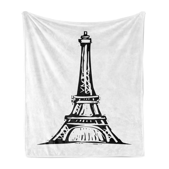 Eiffel Tower Soft Flannel Fleece Blanket, Digitally Generated Monochrome Layout of a Single Landmark Structure, Cozy Plush for Indoor and Outdoor Use, 50" x 70", Charcoal Grey White, by Ambesonne