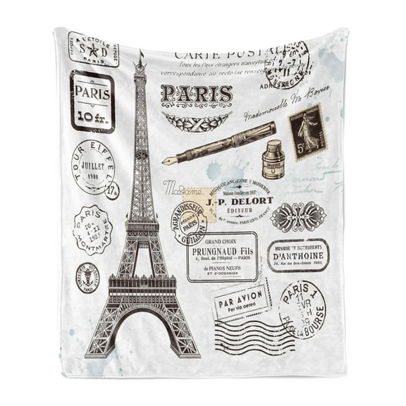 Eiffel Tower Soft Flannel Fleece Blanket, France Tourist Attractions Paris Postage Stamps Culture Cosmopolite, Cozy Plush for Indoor and Outdoor Use, 60" x 80", Champagne Dark Brown, by Ambesonne