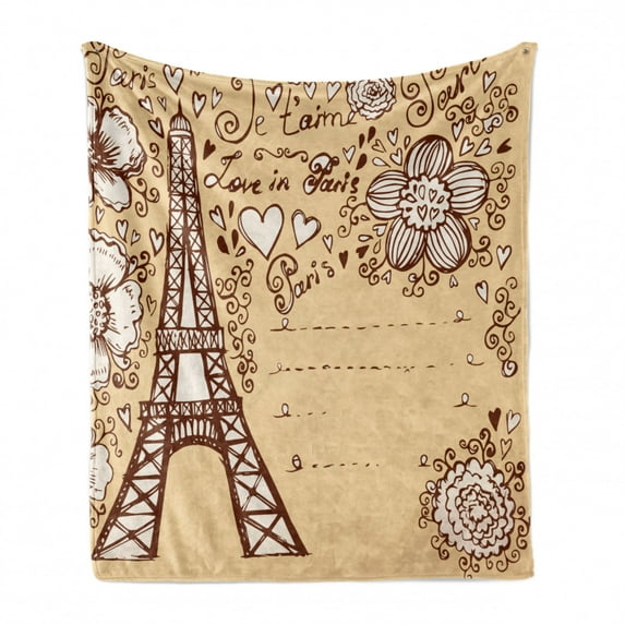 Eiffel Tower Soft Flannel Fleece Blanket, French Style Love in Paris Lettering with Outline Doodle Sketch Flowers, Cozy Plush for Indoor and Outdoor Use, 50" x 60", Beige Chocolate, by Ambesonne