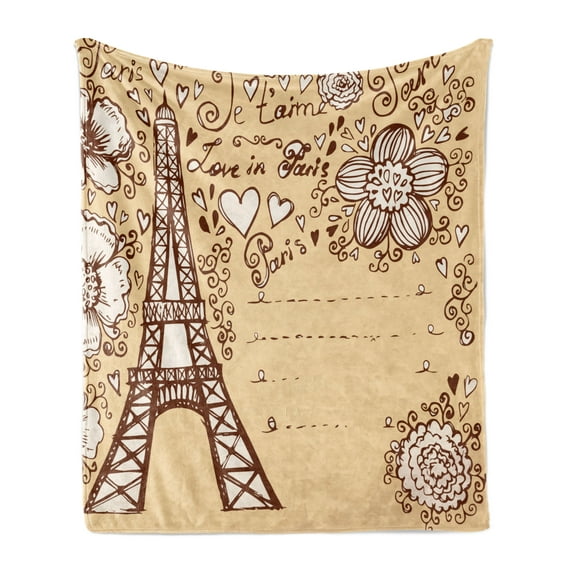 Eiffel Tower Soft Flannel Fleece Blanket, French Style Love in Paris Lettering with Outline Doodle Sketch Flowers, Cozy Plush for Indoor and Outdoor Use, 60" x 80", Beige Chocolate, by Ambesonne