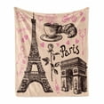 thumbnail image 1 of Eiffel Tower Soft Flannel Fleece Blanket, Paris Eiffel Tower Bakery Delicious Croissant Traditional Floral Design, Cozy Plush for Indoor and Outdoor Use, 60" x 80", Pink Dark Brown, by Ambesonne, 1 of 5