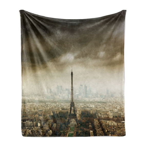 Eiffel Tower Soft Flannel Fleece Blanket, Paris Skyline Cloudy Cityscape Silhouette European Birds Eye View Realistic, Cozy Plush for Indoor and Outdoor Use, 50" x 70", Brown Beige, by Ambesonne