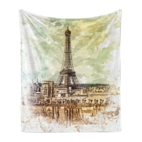 Eiffel Tower Soft Flannel Fleece Blanket, Pastel Watercolor Style Print Vintage Eiffel Tower Skyline Parisian Theme Art, Cozy Plush for Indoor and Outdoor Use, 70" x 90", Brown Beige, by Ambesonne
