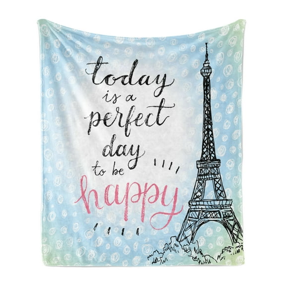 Eiffel Tower Soft Flannel Fleece Blanket, Perfect Day Eiffel Tower Polka Dot Handwriting Typography Sketch Paris Print, Cozy Plush for Indoor and Outdoor Use, 70" x 90", Blue Black, by Ambesonne