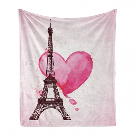 Eiffel Tower Soft Flannel Fleece Blanket, Eiffel Romantic Valentine Love Watercolor Theme Heart Leaf Silhouette Print, Cozy Plush for Indoor and Outdoor Use, 50" x 60", Fuchsia Brown, by Ambesonne