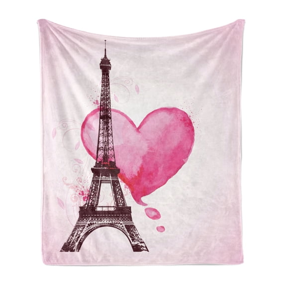 Eiffel Tower Soft Flannel Fleece Blanket, Eiffel Romantic Valentine Love Watercolor Theme Heart Leaf Silhouette Print, Cozy Plush for Indoor and Outdoor Use, 60" x 80", Fuchsia Brown, by Ambesonne