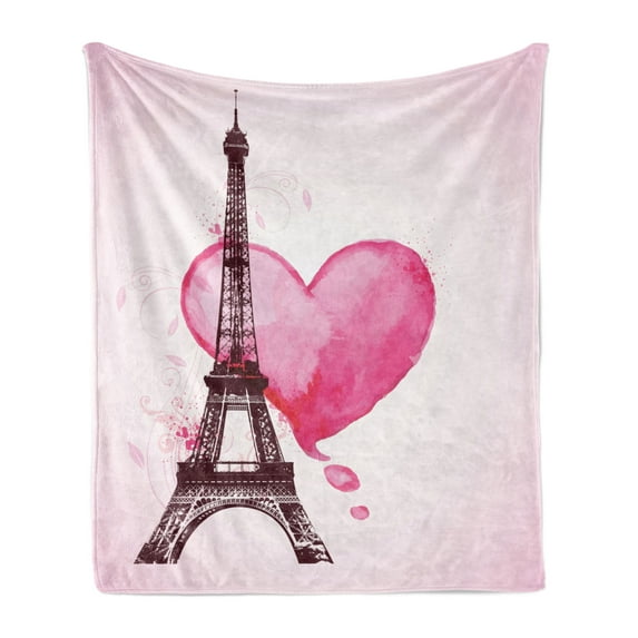 Eiffel Tower Soft Flannel Fleece Blanket, Eiffel Romantic Valentine Love Watercolor Theme Heart Leaf Silhouette Print, Cozy Plush for Indoor and Outdoor Use, 70" x 90", Fuchsia Brown, by Ambesonne