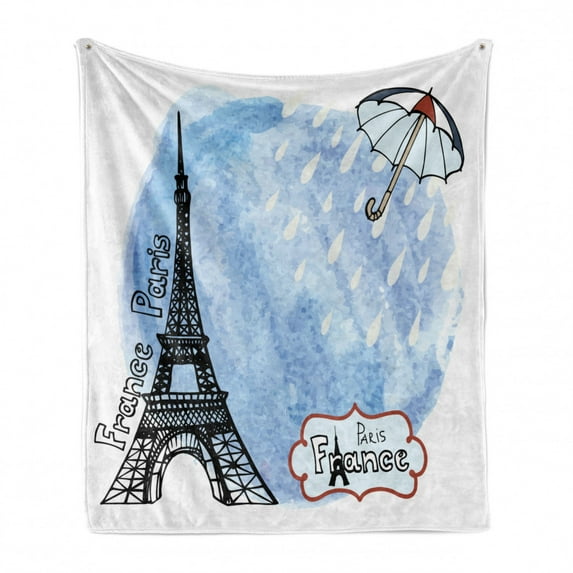 Eiffel Tower Soft Flannel Fleece Blanket, Surreal Watercolors Paint of Eiffel Tower with Rain Splashes Paris Culture Landmark, Cozy Plush for Indoor and Outdoor Use, 70" x 90", Blue, by Ambesonne