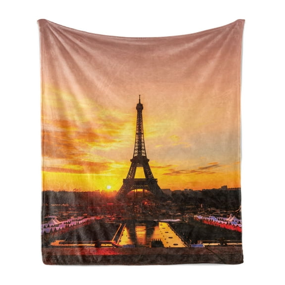 Eiffel Tower Soft Flannel Fleece Blanket, View of Eiffel Tower at Sunrise Paris Historical Monument Panoramic, Cozy Plush for Indoor and Outdoor Use, 50" x 70", Marigold Rose Brown, by Ambesonne