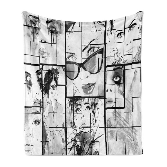 Eiffel Tower Soft Flannel Fleece Blanket, Women Faces with Different Eye Makeup Eiffel Tower Romance Paris Image, Cozy Plush for Indoor and Outdoor Use, 50" x 60", Black White Grey, by Ambesonne