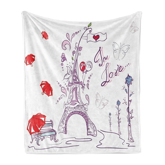 Eiffel Tower Soft Flannel Fleece Throw Blanket, Autumn Romantic Paris Historical Valentine's Day Umbrellas Doodle, Cozy Plush for Indoor and Outdoor Use, 60" x 80", Lilac Red Pale Blue, by Ambesonne
