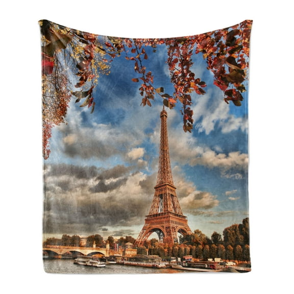 Eiffel Tower Soft Flannel Fleece Throw Blanket, Eiffel Tower Boat Seine Cloudscape Vacation Tourist Destination, Cozy Plush for Indoor and Outdoor Use, 50" x 70", Dark Orange Cinnamon, by Ambesonne