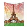 thumbnail image 1 of Eiffel Tower Soft Flannel Fleece Throw Blanket, Eiffel Tower Colorful Sky Grass Nature European Clouds Photography, Cozy Plush for Indoor and Outdoor Use, 50" x 60", Coral Brown, by Ambesonne, 1 of 5