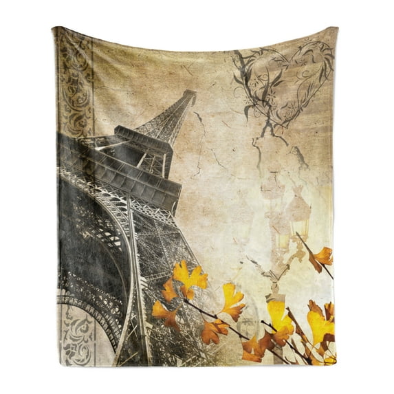 Eiffel Tower Soft Flannel Fleece Throw Blanket, Falling Leaves in Romantic Love Autumn Season Print Art, Cozy Plush for Indoor and Outdoor Use, 60" x 80", Beige Charcoal Grey, by Ambesonne