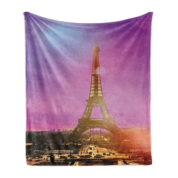 Eiffel Tower Soft Flannel Fleece Throw Blanket, Famaous Paris Landmark with Urban View Under and Vivid Pink Purple Tone Sky, Cozy Plush for Indoor and Outdoor Use, 70" x 90", Multicolor, by Ambesonne