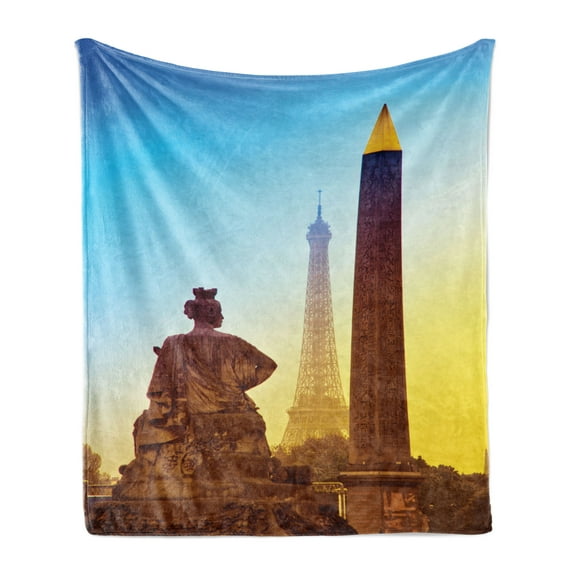 Eiffel Tower Soft Flannel Fleece Throw Blanket, France Place De La Concorde Obelisk and the Landmark of the City, Cozy Plush for Indoor and Outdoor Use, 50" x 70", Caramel Yellow Blue, by Ambesonne