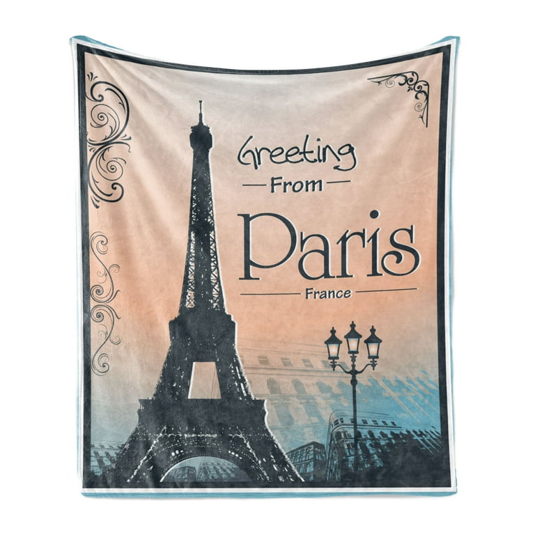 Eiffel Tower Soft Flannel Fleece Throw Blanket Greeting from Paris France Romantic Poster Cozy Plush for Indoor and Outdoor Use 70