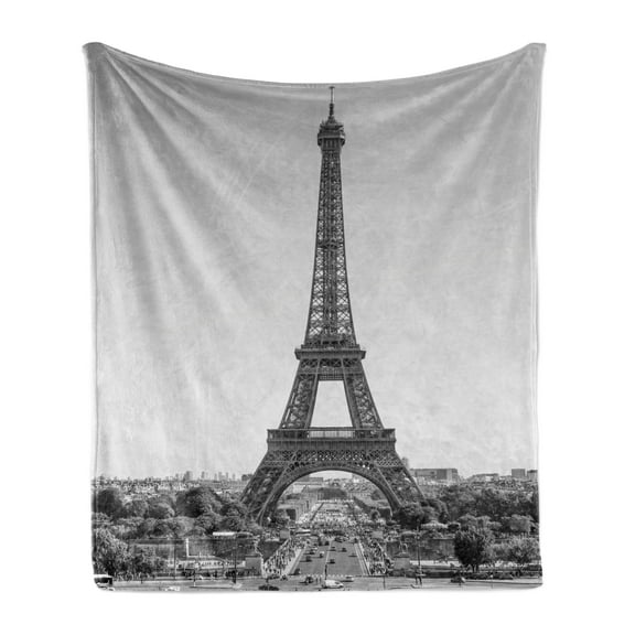 Eiffel Tower Soft Flannel Fleece Throw Blanket, Greyscale Monument Old Times Vintage Image, Cozy Plush for Indoor and Outdoor Use, 50" x 70", Dark Grey Pale Taupe, by Ambesonne