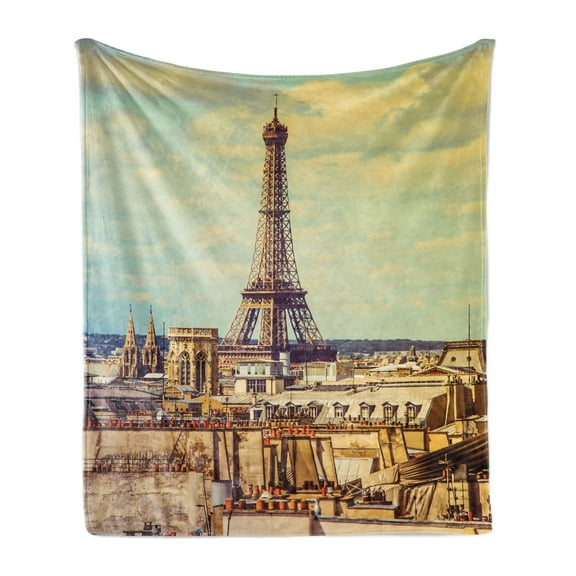 Eiffel Tower Soft Flannel Fleece Throw Blanket, Eiffel Tower Historic Vintage Cityscape Famous Monument Urban Art, Cozy Plush for Indoor and Outdoor Use, 50" x 60", Almond Green Yellow, by Ambesonne