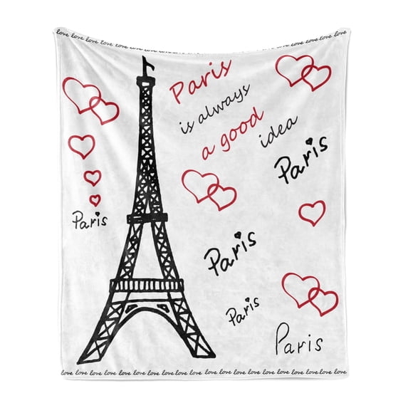 Eiffel Tower Soft Flannel Fleece Throw Blanket, Eiffel Tower Paris is Always an Idea Tourism Locations Love, Cozy Plush for Indoor and Outdoor Use, 60" x 80", Red Black White, by Ambesonne