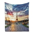 thumbnail image 1 of Eiffel Tower Soft Flannel Fleece Throw Blanket, Parisian Landmark Sunrise with Clouds on Horizon Park Sun Rays, Cozy Plush for Indoor and Outdoor Use, 50" x 70", Navy Yellow Green, by Ambesonne, 1 of 5