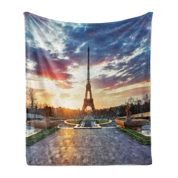 Eiffel Tower Soft Flannel Fleece Throw Blanket, Parisian Landmark Sunrise with Clouds on Horizon Park Sun Rays, Cozy Plush for Indoor and Outdoor Use, 70" x 90", Navy Yellow Green, by Ambesonne