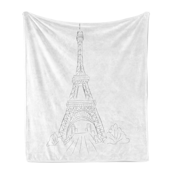 Eiffel Tower Soft Flannel Fleece Throw Blanket, Pencil Drawn Outline Drawing of a Monument Famous Travel Spots, Cozy Plush for Indoor and Outdoor Use, 50" x 70", Dark Taupe Grey White, by Ambesonne