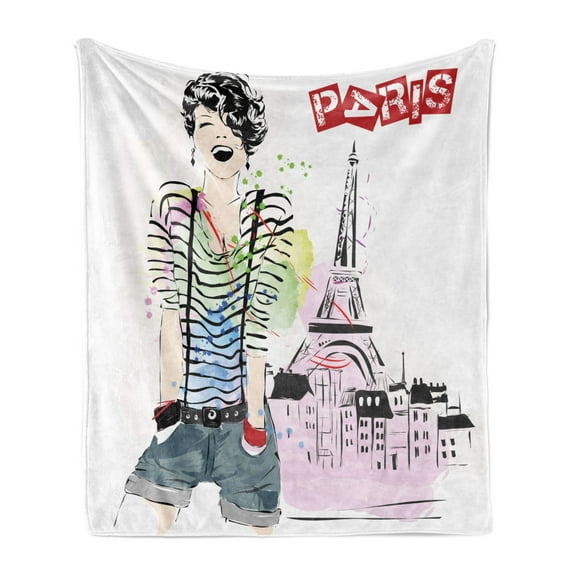 Eiffel Tower Soft Flannel Fleece Throw Blanket, Sketch of Laughing Girl in Front of Eiffel Tower Paris Happiness Stain, Cozy Plush for Indoor and Outdoor Use, 60" x 80", Multicolor, by Ambesonne