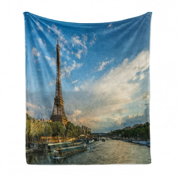Eiffel Tower Soft Flannel Fleece Throw Blanket, Sunset over Eiffel Tower and Seine River Paris France Nature Scene, Cozy Plush for Indoor and Outdoor Use, 60" x 80", Yellow Green Blue, by Ambesonne