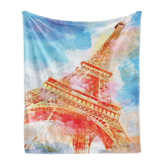 Eiffel Tower Soft Flannel Fleece Throw Blanket, Watercolor Painted Linework Eiffel Tower Landmark Colorful Illustrated, Cozy Plush for Indoor and Outdoor Use, 70" x 90", Yellow Blue Red, by Ambesonne