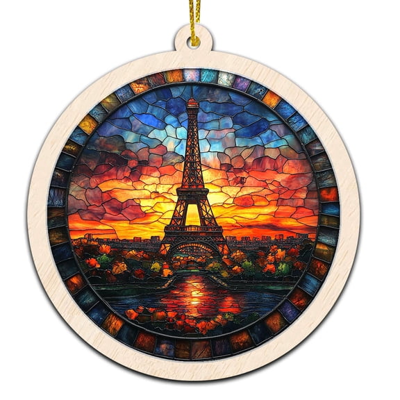 Eiffel Tower Stained Glass Suncatcher Ornament  Text Christmas 2025 Tree Decoration Gift for Family, Friends, Man & Woman