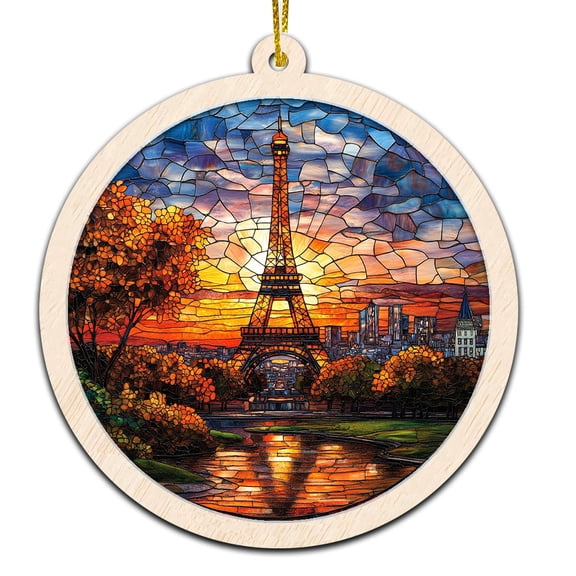Eiffel Tower Stained Glass Suncatcher Ornament  Text Christmas 2025 Tree Decoration Gift for Family, Friends, Man & Woman