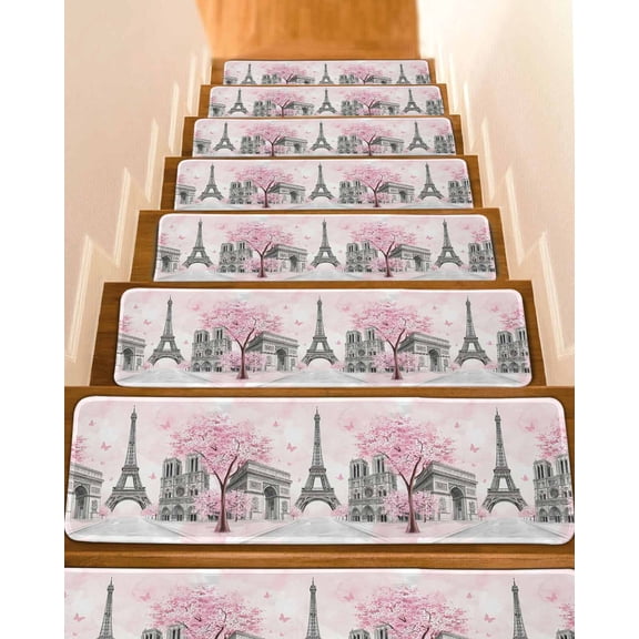Eiffel Tower Stair Treads Romantic Pink Cherry Blossom Trees Notre Dame Indoor Non Slip Peel and Stick Stair Treads for Wooden Steps 7 PCS, Soft Adhesive Staircase Mats Runner Rugs 8"x30"