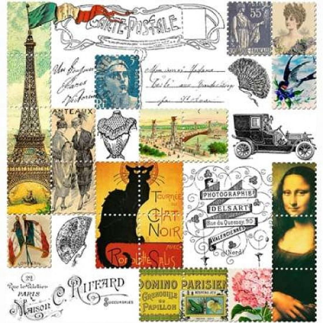 Eiffel Tower Stamps Green Canvas Art - Marion De Lauzun (24 x 24)