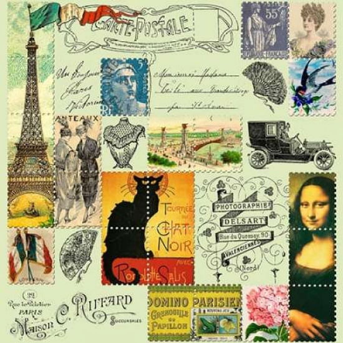 Eiffel Tower Stamps Grey Canvas Art - Marion De Lauzun (24 x 24)