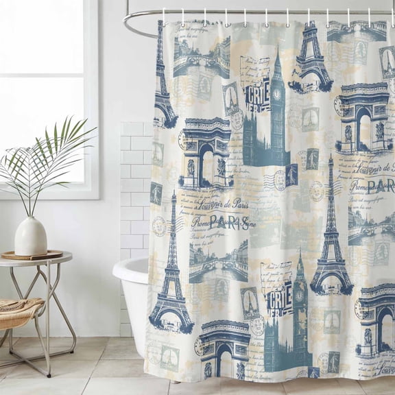 Eiffel Tower Standard Shower Curtain Set, Waterproof Shower Curtains for Bathroom, European Architectural Retro Hand-Painted Washable Fabric Bath Curtain for Bathtub with Hooks 72x72 Inches
