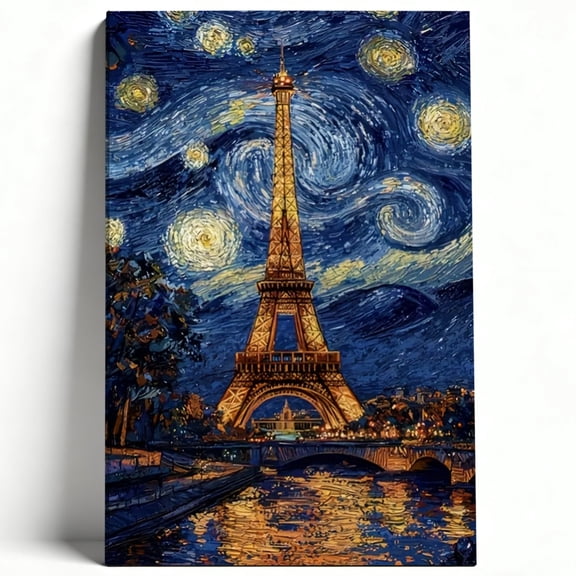 Eiffel Tower Starry Night Canvas Wall Art Vincent Van Gogh Style Poster Paris Landscape Print Living Room Bedroom Decor Ready to Hang 8*12